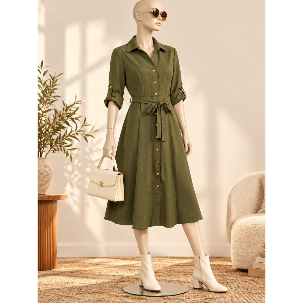 Sharagano Olive Green Roll Tab Sleeve Button Front Belted Midi Shirt Dress 10